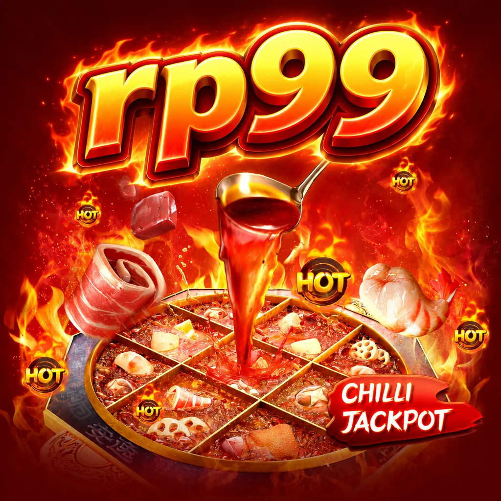 Logo rp99 di atas panci hotpot pedas sembilan sekat dengan kuah mendidih dan bahan makanan